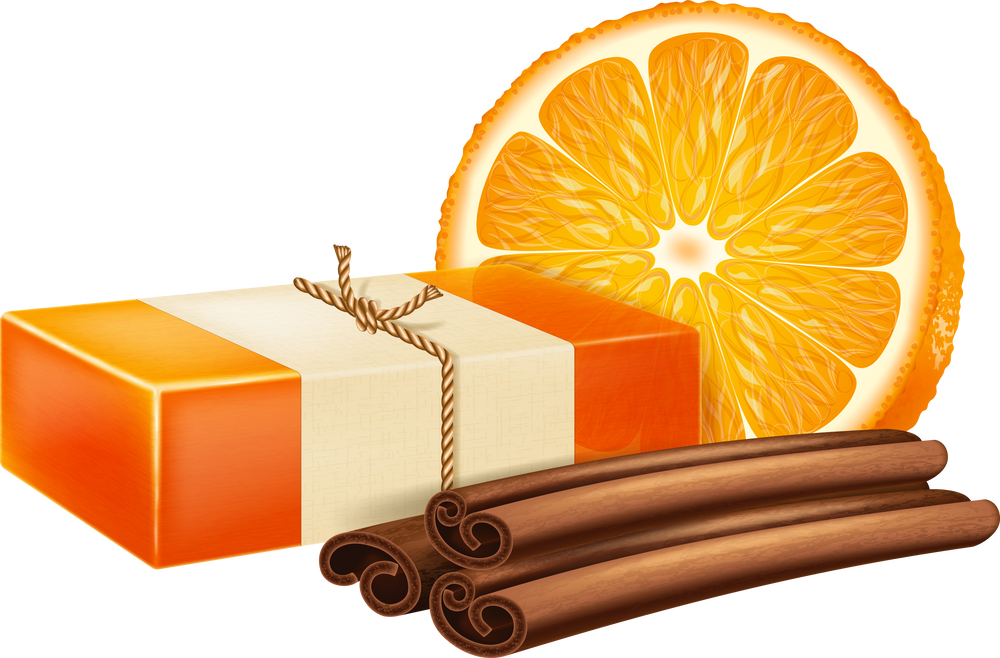 Natural handmade soap with orange and cinnamon sticks